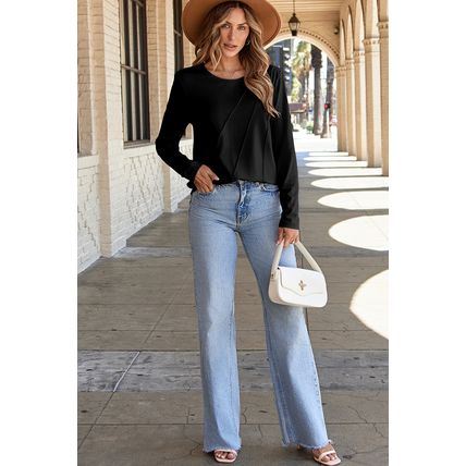Black Asymmetric Seam Detail Solid Color Long Sleeve Top