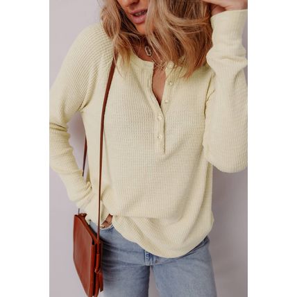 Oatmeal Textured Knit Half Buttons Henley Top