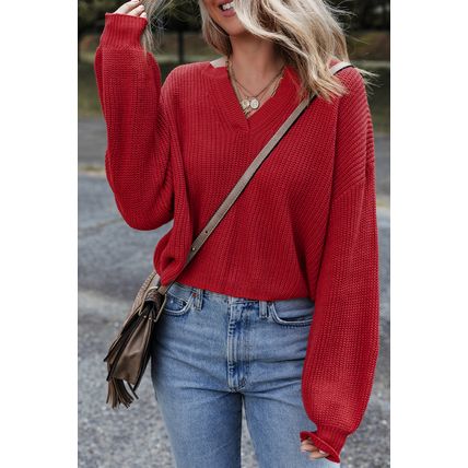Racing Red Solid Textured Knit V Neck Drop Shoulder Sweater