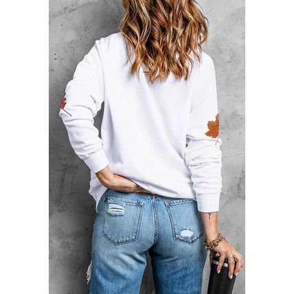 White Fall Leaf Bow Pumpkin Sequin Patched Baggy Sweatshirt