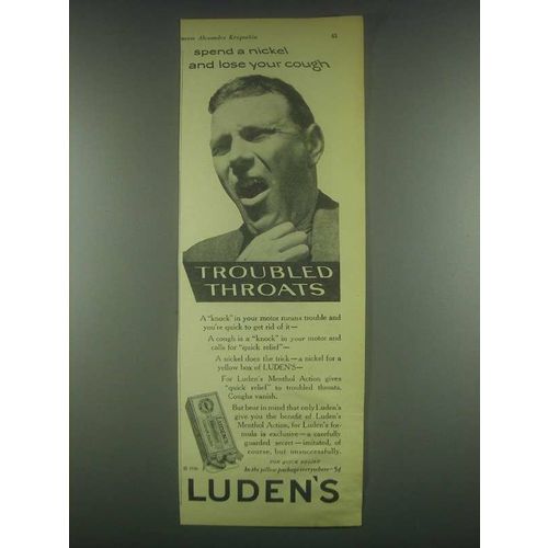 1930 Luden's Cough Drops Ad - Troubled Throats