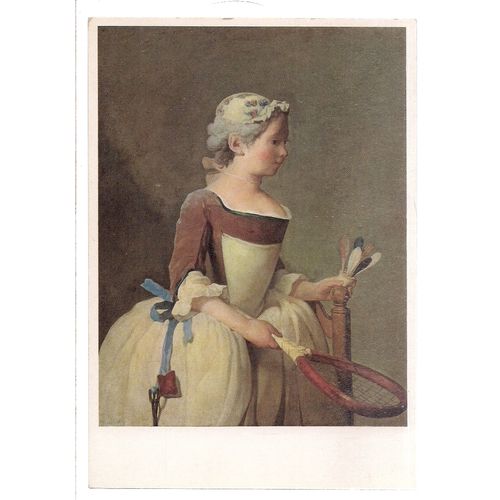 YOUNG GIRL WITH A SHUTTLECOCK. painting. by J B Chardin unused postcard =