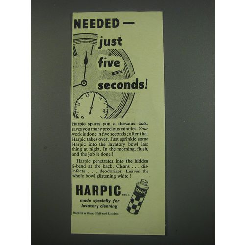 1949 Reckitt and Sons Harpic Cleaner Ad - Needed - just five seconds