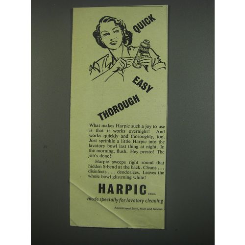 1949 Reckitt and Sons Harpic Cleaner Ad - Quick Easy Thorough
