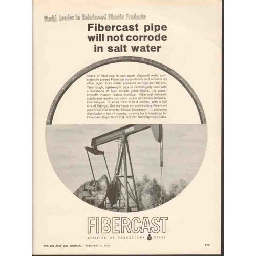 YOUNGSTOWN STEEL 1962 Fibercast pipe not corrode salt water vintage ad