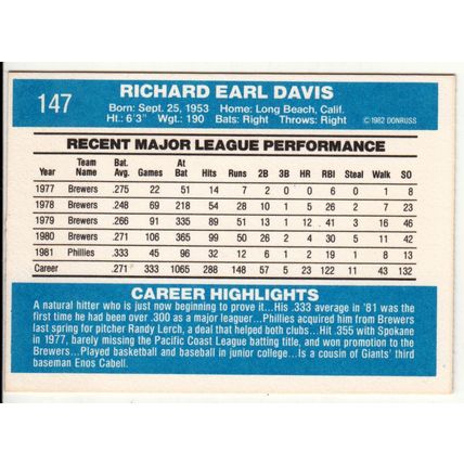 1982 Donruss baseball card 147 Dick Davis