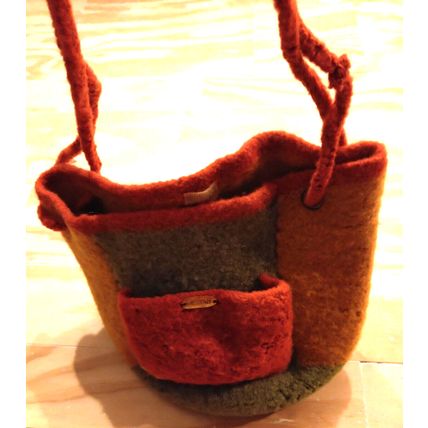 Handmade Wool Bucket Handbag Double Straps Outside Pocket Orange Yellow Green