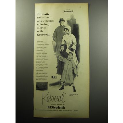 1957 B.F. Goodrich Koroseal Rainwear Advertisement - Climatic rainwear