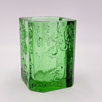 Vintage Tittot Art Glass Green Emerald Embossed Vase 3.5”H Candle Holder Votive