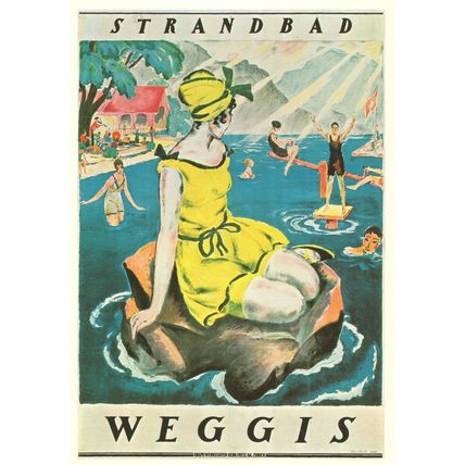 Strandbad Weggis Switzerland in WW1 Swimming Poster Advertising Postcard