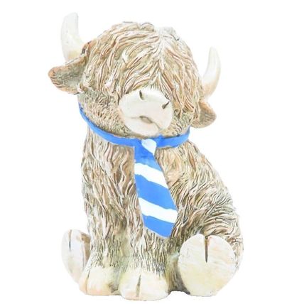 Happy Highland Cow Ornament Wearing Blue & White Tie 10 CM Gift Home Decor