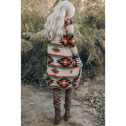 Multicolor Geometric Color Block Open Front Long Cardigan