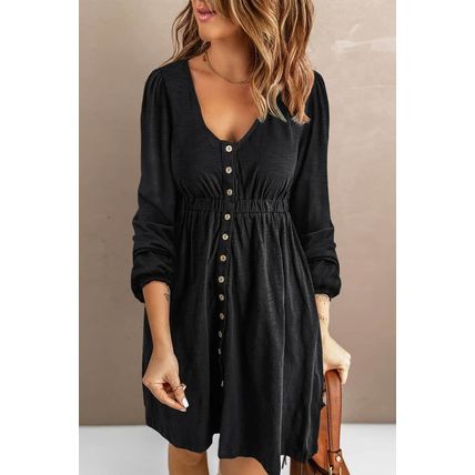 Black Button Up High Waist Long Sleeve Dress
