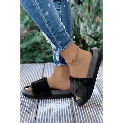 Black Plush Band Comfy Home Slippers