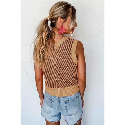 Light French Beige Contrast Chevron Knit V Neck Sweater Vest