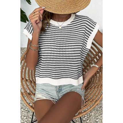 Black Stripe Ribbed Trim Loose Fit Knitted Sweater Vest