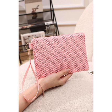 Pink Woven Zipper Wrist Strap Square Handbag