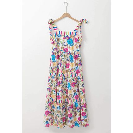 Rose Red Striped Trim Self-tie Straps Floral Maxi Dress