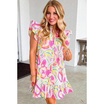 Pink Abstract Floral Ruffle Trim Flutter Sleeve Buttoned Dress
