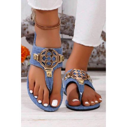 Dusk Blue Metal Décor Leather Thong Slippers