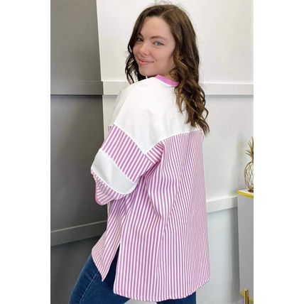 Pink Stripe Patchwork Bracelet Sleeve Plus Size T Shirt