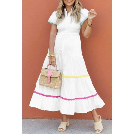White Colorblock Rickrack Trim Short Sleeve Drawstring Waist Long Dress
