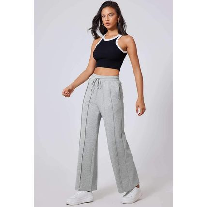 Gray Seamed Drawstring High Waist Wide Leg Sweatpants