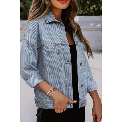 Sky Blue Stripe Washed Oversize Pocketed Denim Jacket