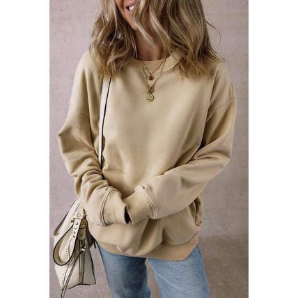 Parchment Solid Fleece Lined Crew Neck Casual Sweatshirt