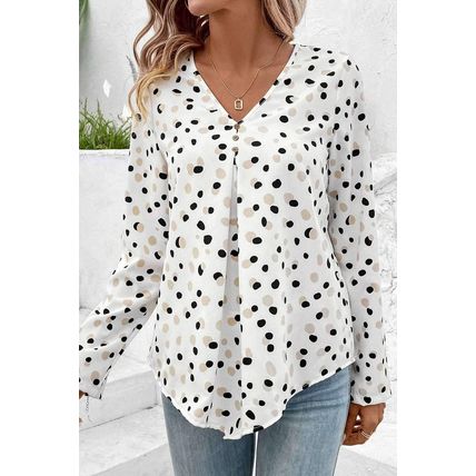 White Polka Dot Print Button Front V Neck Blouse