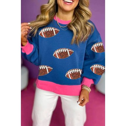 Blue Sequin Rugby Color Block Bubble Sleeve Sweatshirt