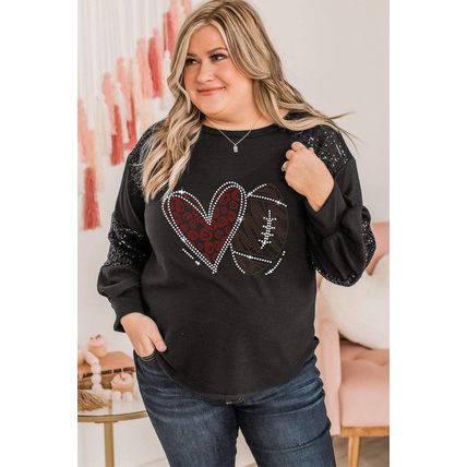 Black Rhinestone Heart Rugby Football Pattern Sequin Patched Sleeve Plus Size To