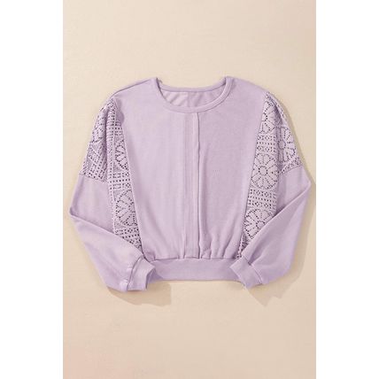 Orchid Petal Knit Crochet Exposed Seam Ribbed Trim Sweatshirt