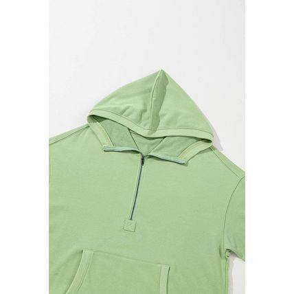 Smoke Green Solid Kangaroo Pocket Half Zipper Oversized Hoodie