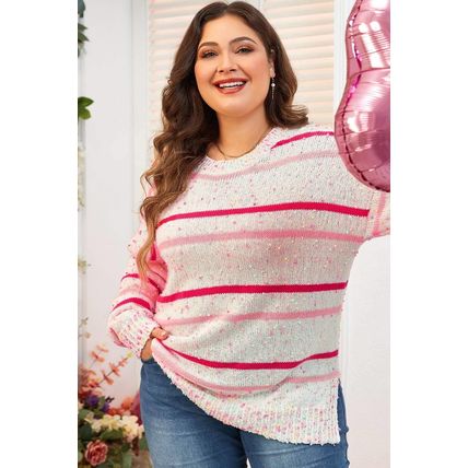 Pink Stripe Drop Shoulder Side Split Plus Size Sweater