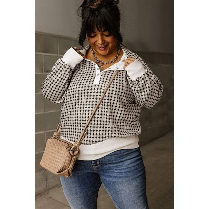 Black Plus Size Two Tone Contrast Collared Pullover Sweatshirt