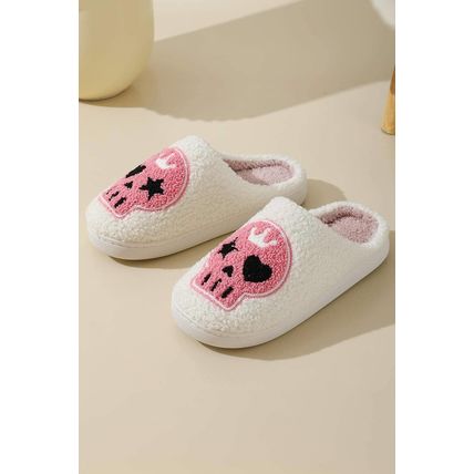 White Halloween Skull Printed Plush Winter Home Slippers