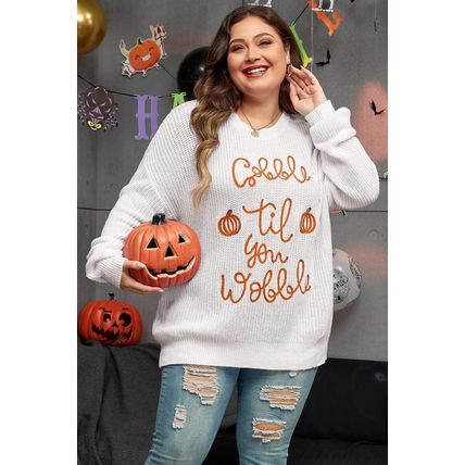 White Gobble Til You Wobble Pop Up Crochet Plus Size Sweater