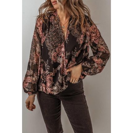 Black Floral Print Criss Cross V Neck Balloon Sleeve Blouse
