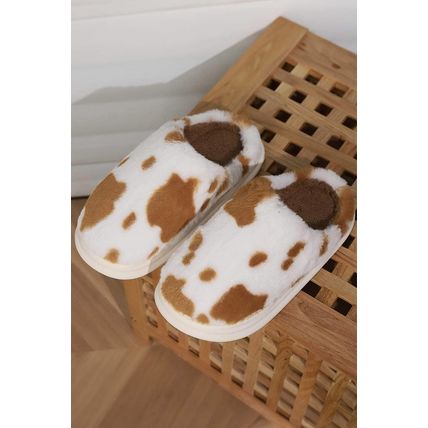 Chestnut Cow Spot Printed Plush Home Slippers