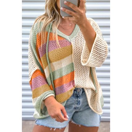 Beige Pointelle Knit Colorblock Patchwork V Neck Hooded Plus Sweater