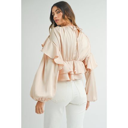 Oatmeal Lace-up Keyhole Back Ruffled Peplum Blouse