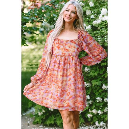 Rose Floral Print Square Neck High Waist Mini Dress