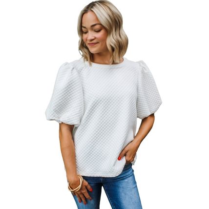 White Solid Textured O Neck Puff Sleeve Blouse