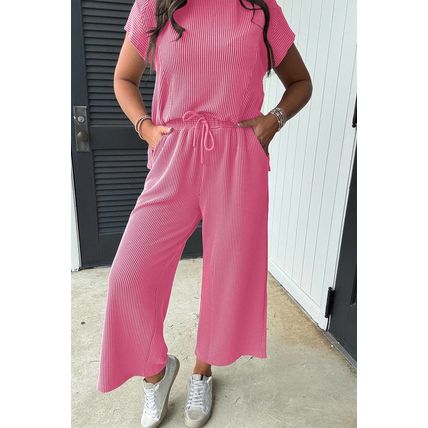 Bright Pink Solid Corded Knit Short Sleeve T Shirt and Wide Leg Pants Set