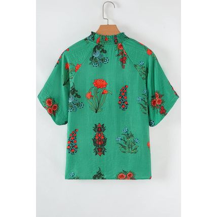 Bright Green Floral Print Buttoned V Neck Short Sleeve Blouse