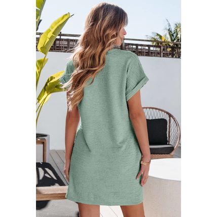 Grass Green Solid Color Textured Crinkle Short Sleeve T Shirt Dress