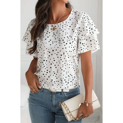 White Dalmatian Print Layered Ruffled Short Sleeve Blouse