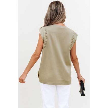 Sage Green Studded Cap Sleeve Round Neck T Shirt