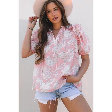 Pink Floral Print Drawstring V Neck Puff Sleeve Loose Blouse